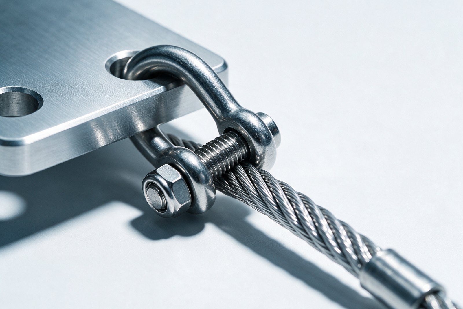 A braided steel cable clipped into a machined anchor plate by a precision shackle.